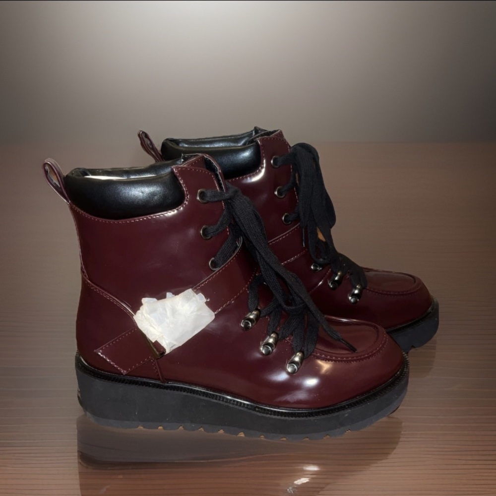 NEW Burgundy Wine Lace-Up W/Buckle Platform Military Combat Ankle Boot Booties